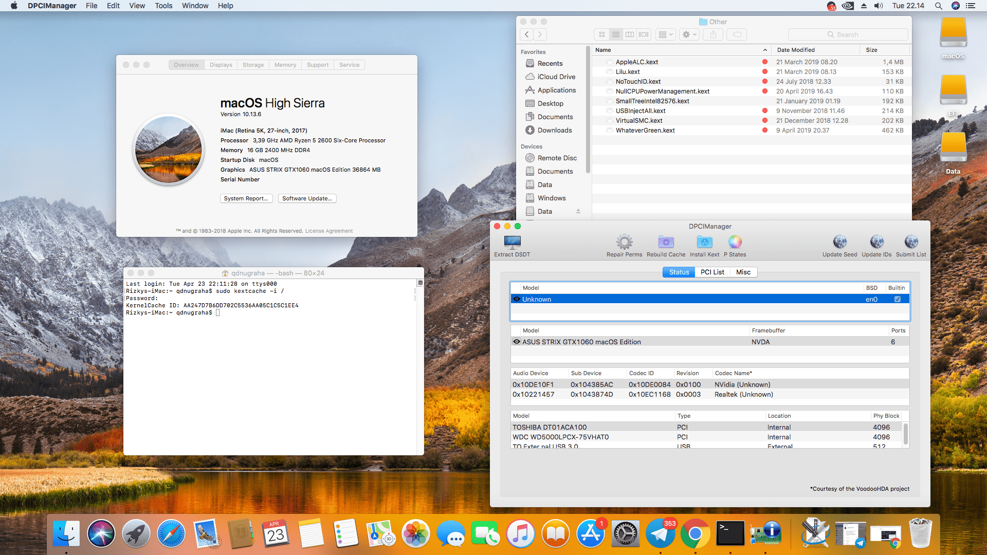 Succes Hackintosh macOS High Sierra 10.13.6 Build 17G65 at Asus ROG Strix B450-I Gaming + AMD Ryzen 5 2600 + Asus Strix Gaming GTX 1060